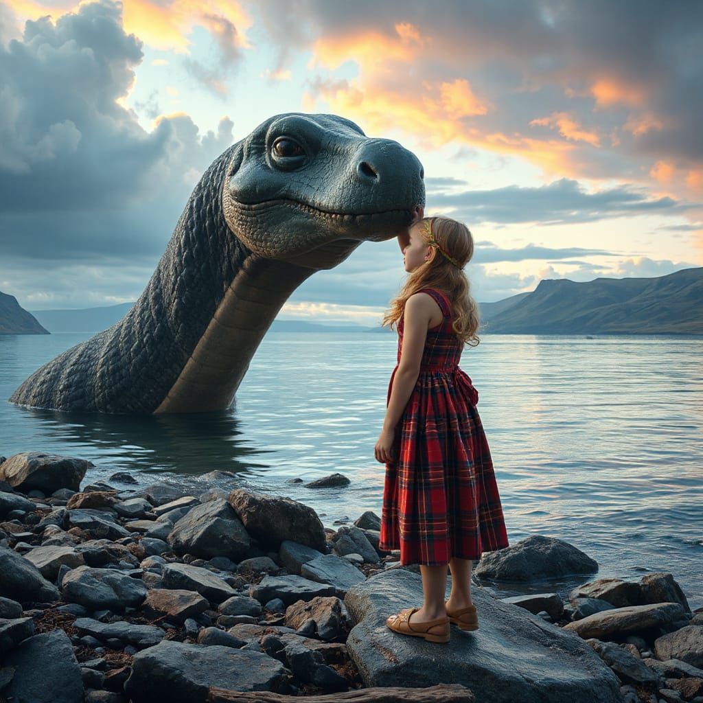 Loch Ness Monster and Girl on Scottish Shore