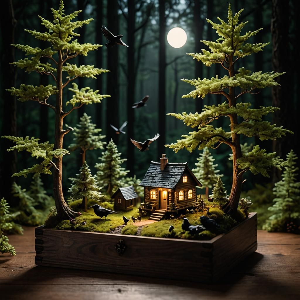 Miniature Magic Forest with Flying Ravens