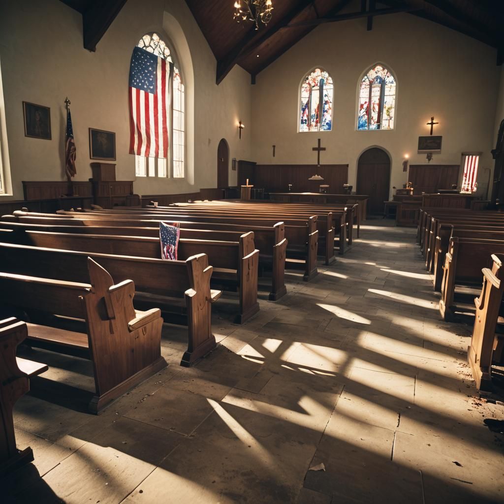 Broken Faith: Empty Church in Cinematic Lighting