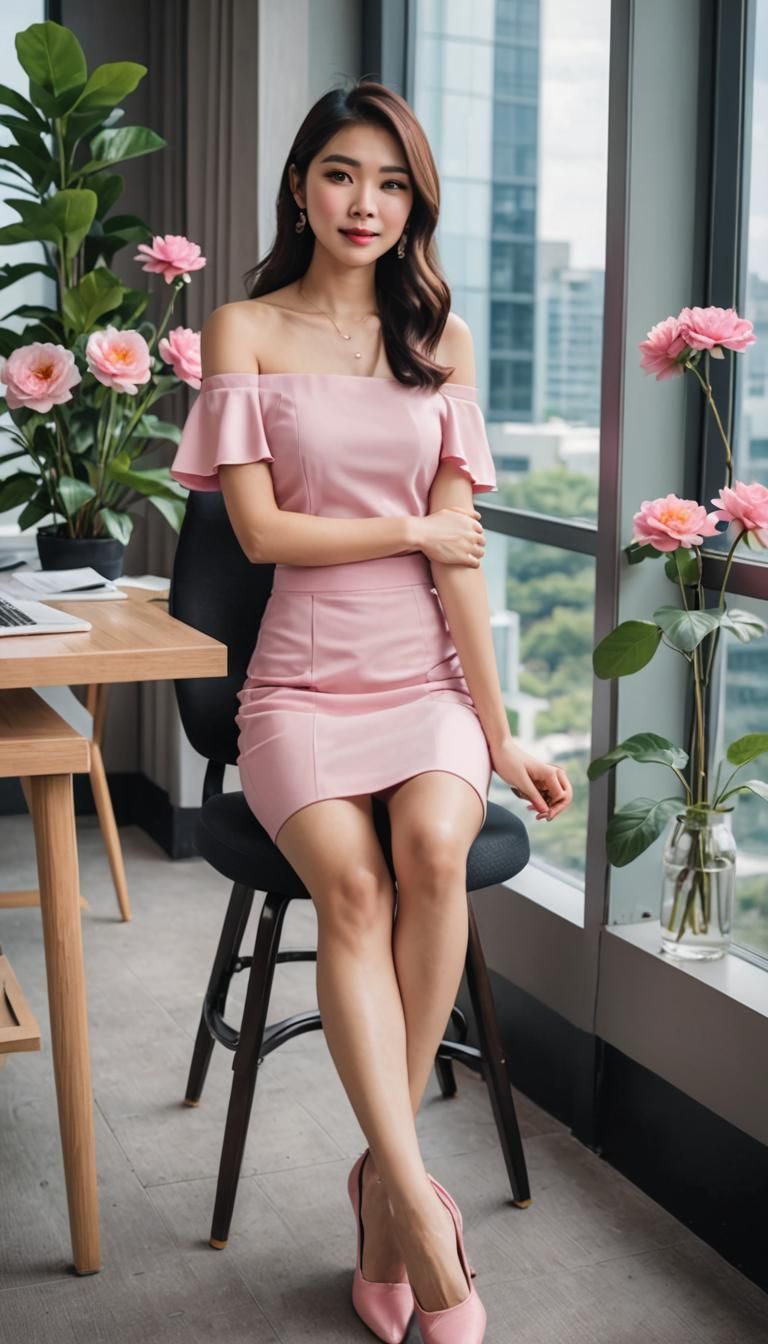 Asian Woman in Pink Skirt at Desk
