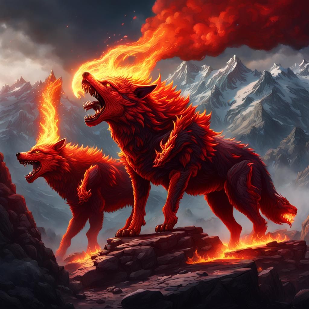 Three-Headed Red Wolf Breathes Fire