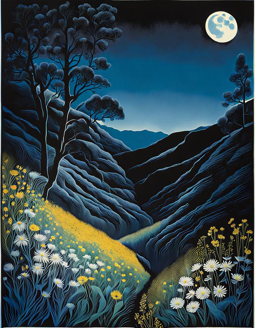 Moonlit Canyon Wildflowers in Fine Etch Art Style