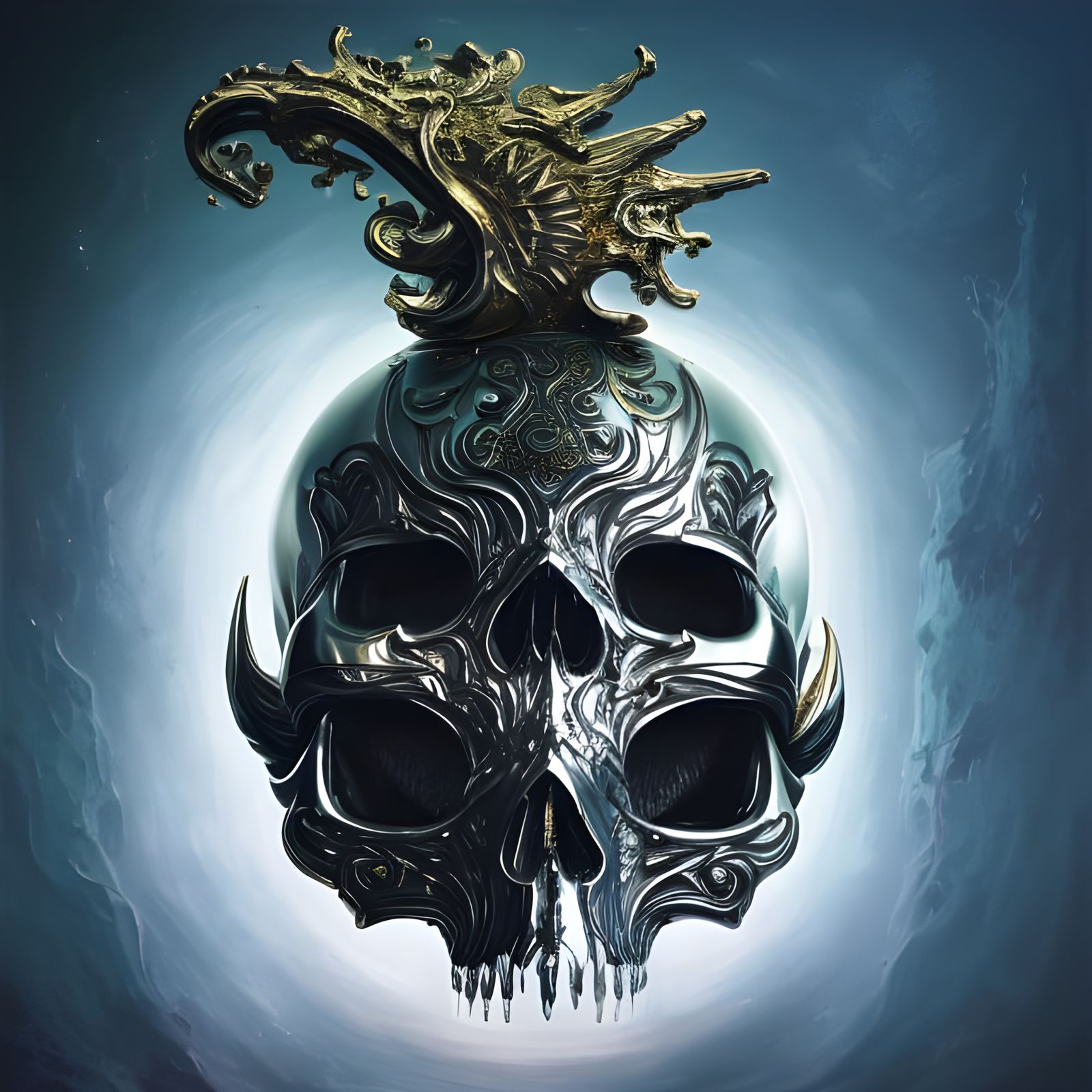 Iridescent Chrome Skull in Rococo Style