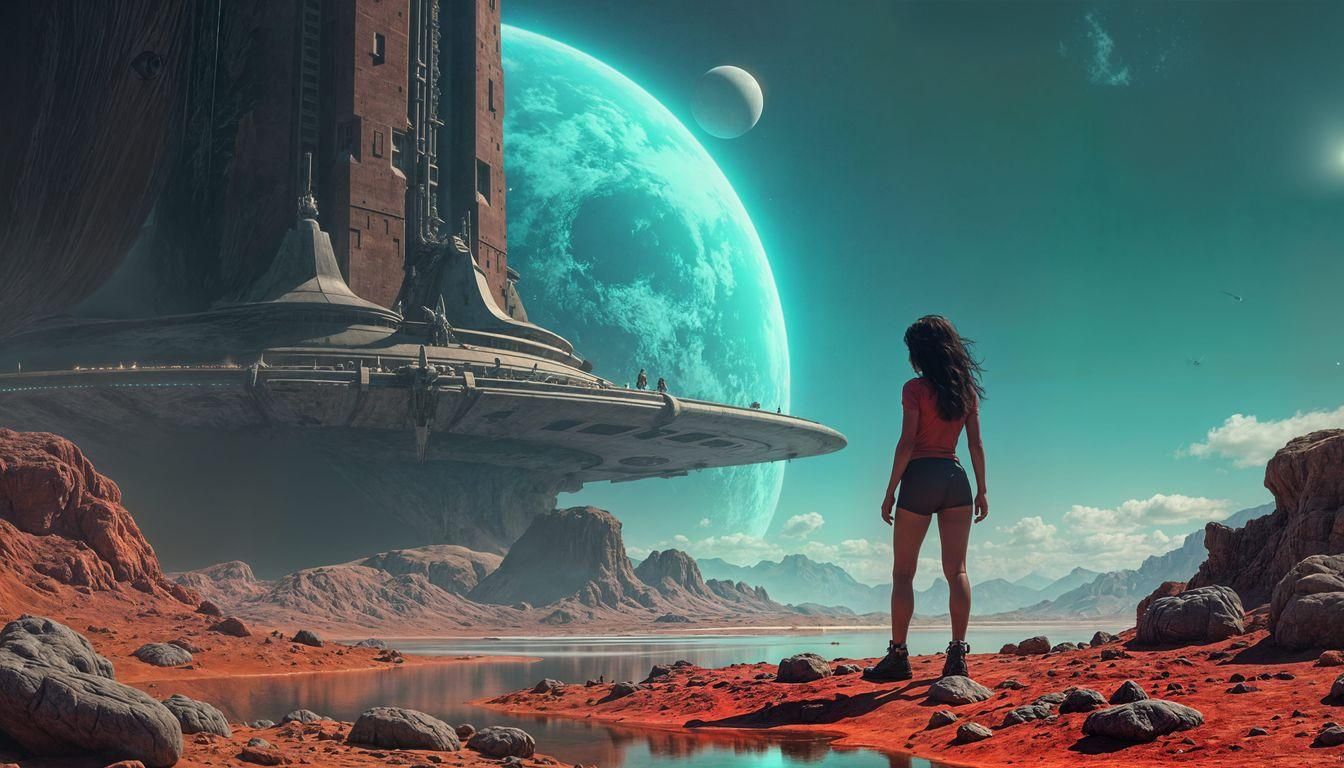 Retrofuturistic Spacestation on Alien Planet with Hero