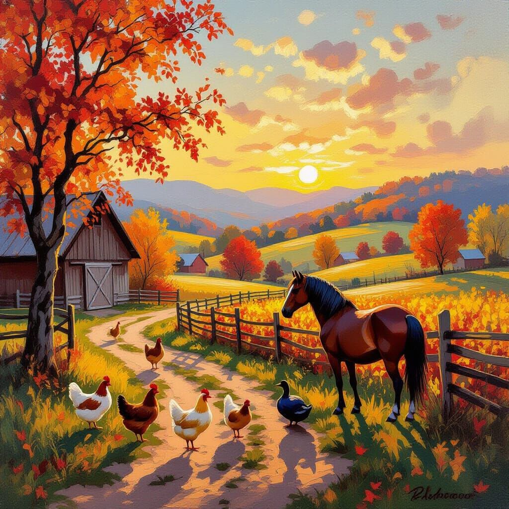 Autumn Barnyard Scene with Animals in Golden Hour Glow