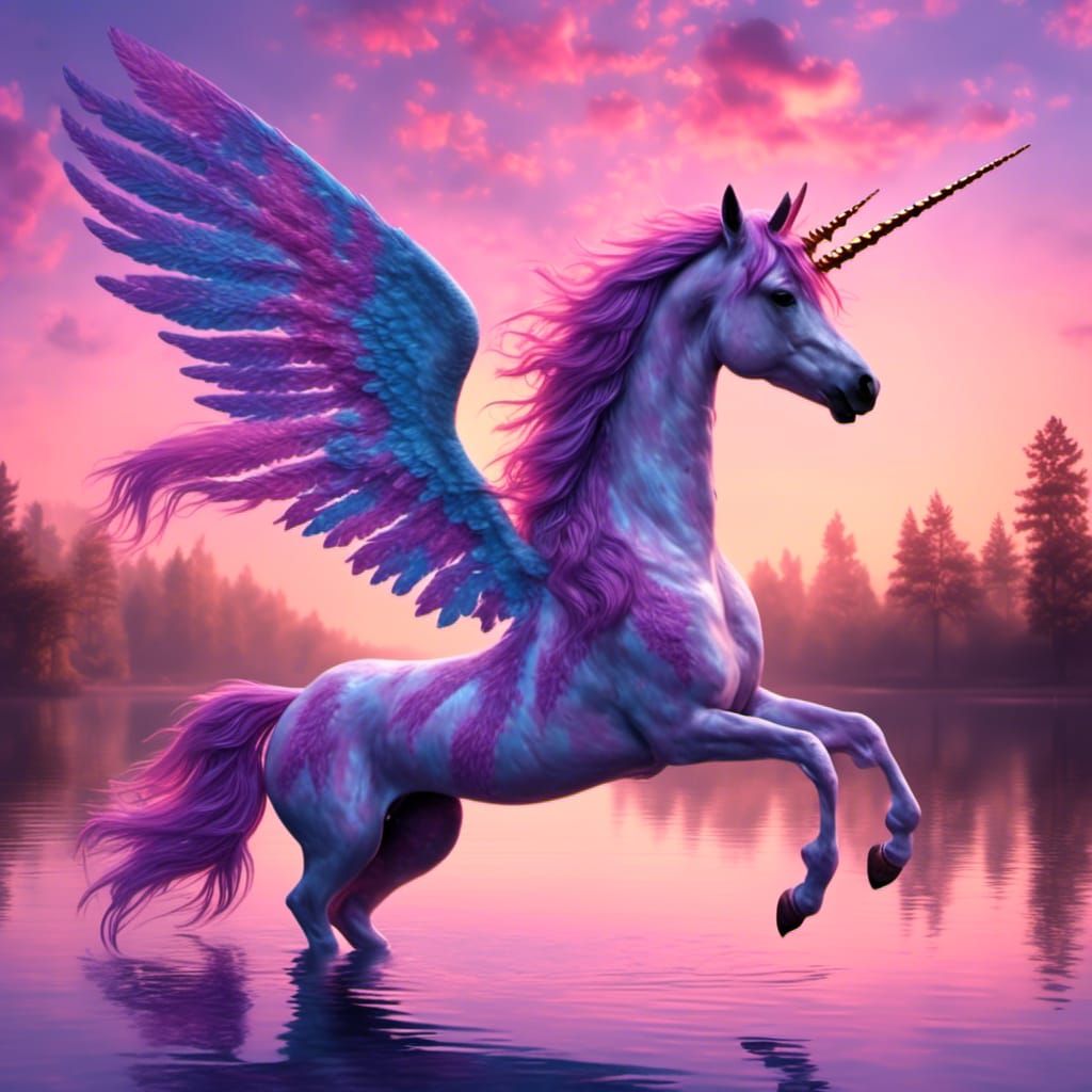 Winged Unicorn Flight Over Lake at Dusk