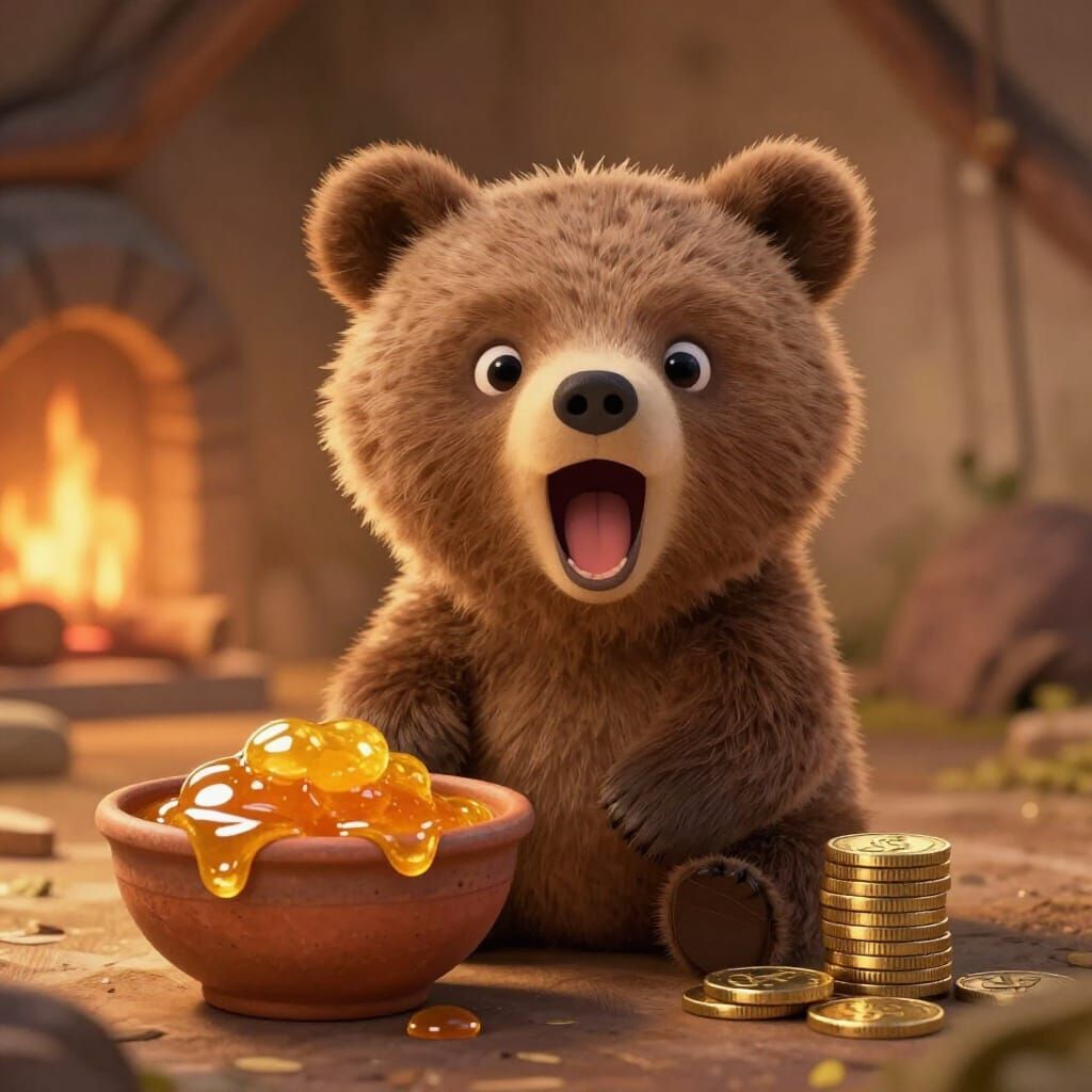 Cute Bear Cub with Honey and Coins in Cozy Den