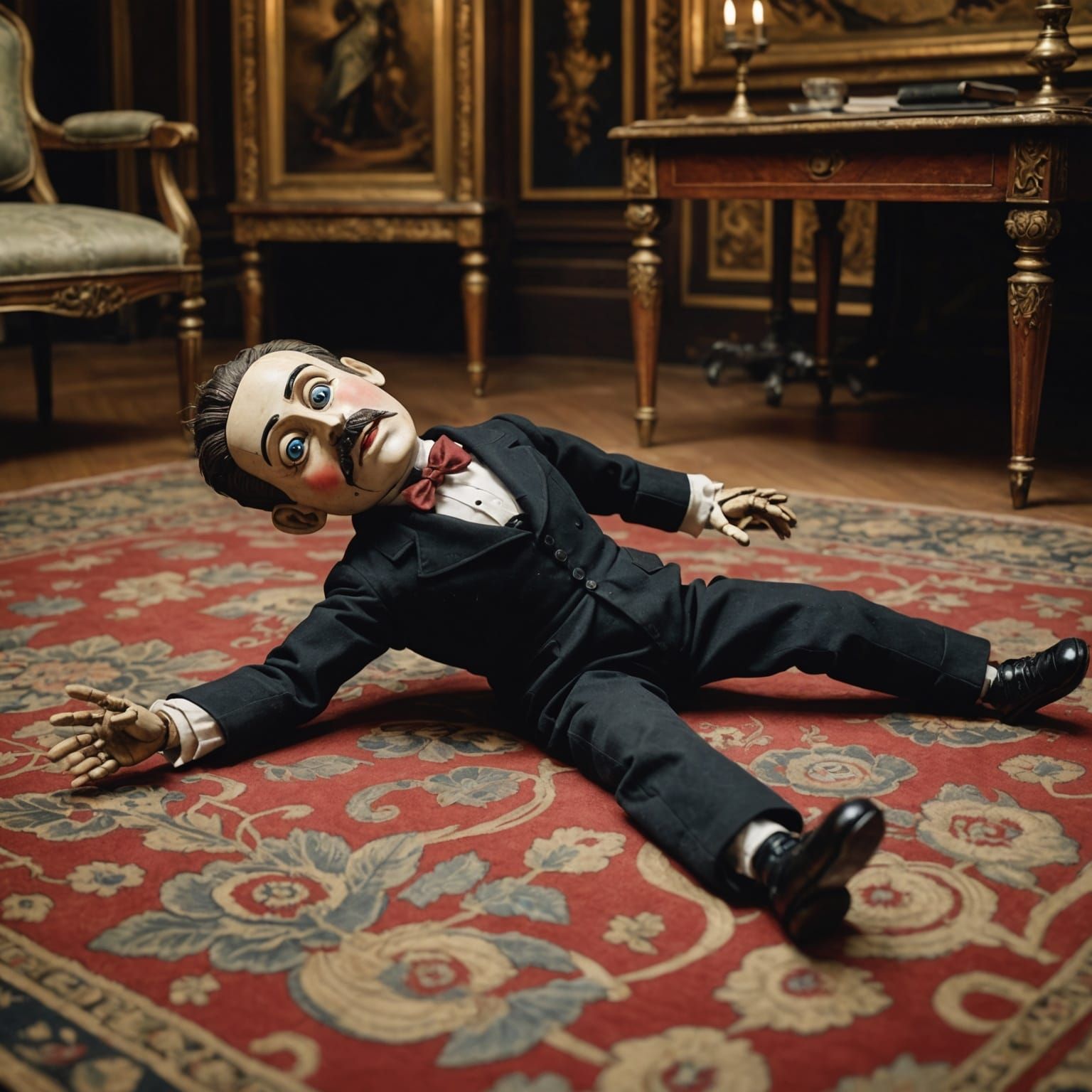 a cursed marionette or puppet is lying on its stomach on the floor of a Victorian drawing room, in a crawling position, ...
