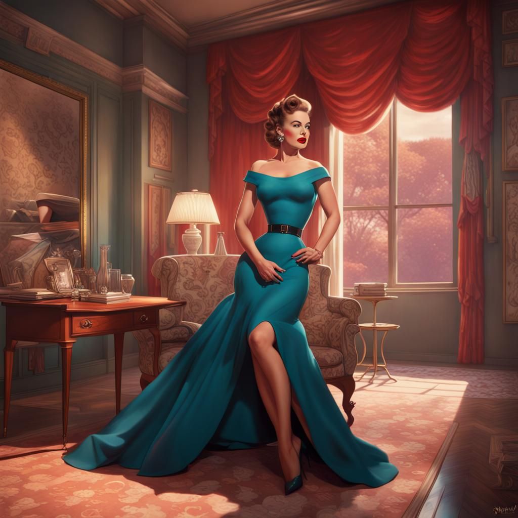 1950s Fashion Pin-Up in Digital Art Style