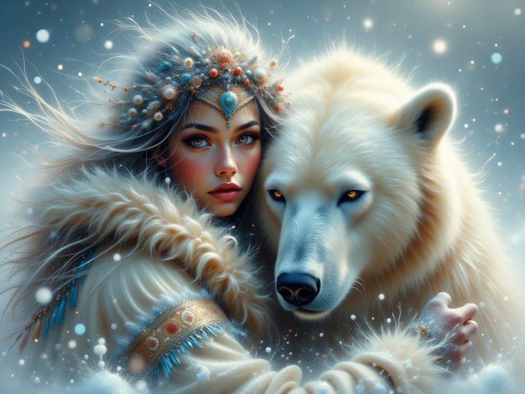 Fantasy Inuit Maiden Embracing Polar Bear in Ethereal Snowst...