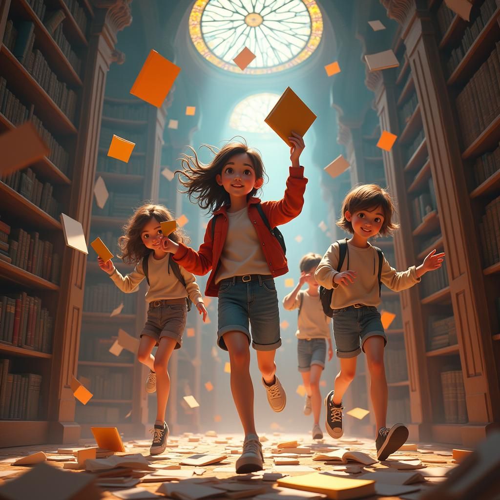 Students Dancing in Fantasy Library, Dynamic Composition