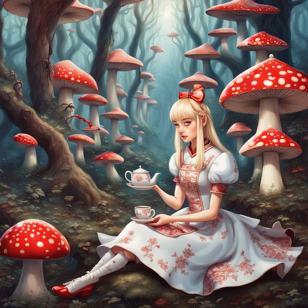 Alice in Sparkling Mushroom Forest with Tea