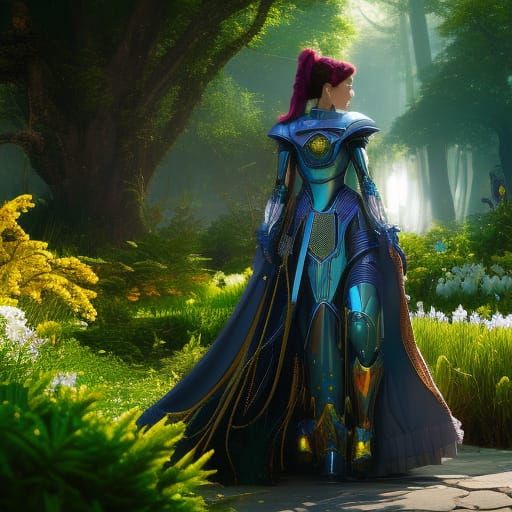 Robot Girl in a Paradise Garden: Hyperdetailed Concept Art