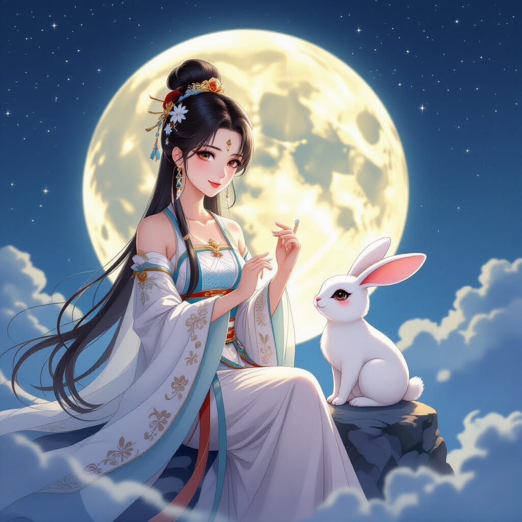 Chang'e and Jade Rabbit in Moonlit Night Sky