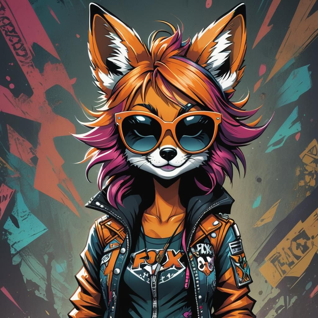 Cartoon Fox Girl in Punk Outfit, Comic Art