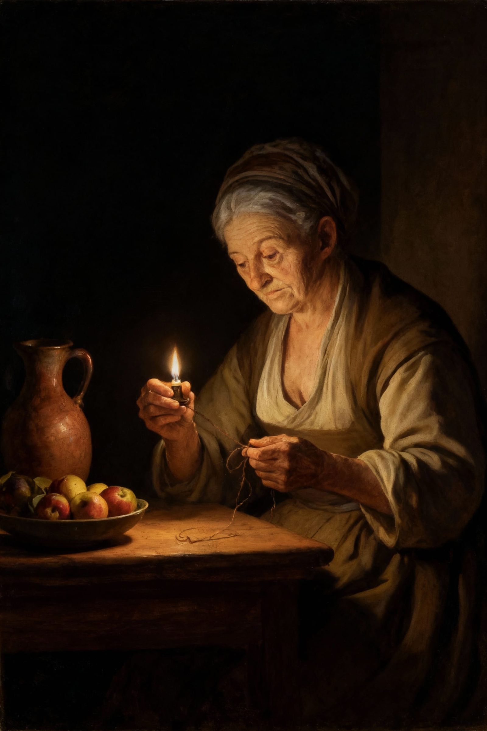 Elderly Woman Holding Candle in Dimly Lit Room, Baroque Styl...