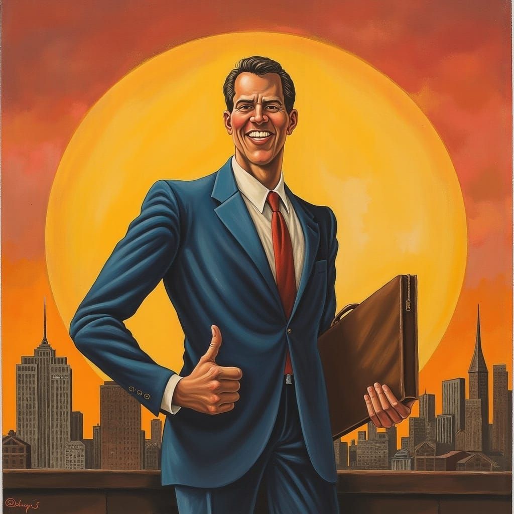 Happy Businessperson Against Cityscape in Americana Style