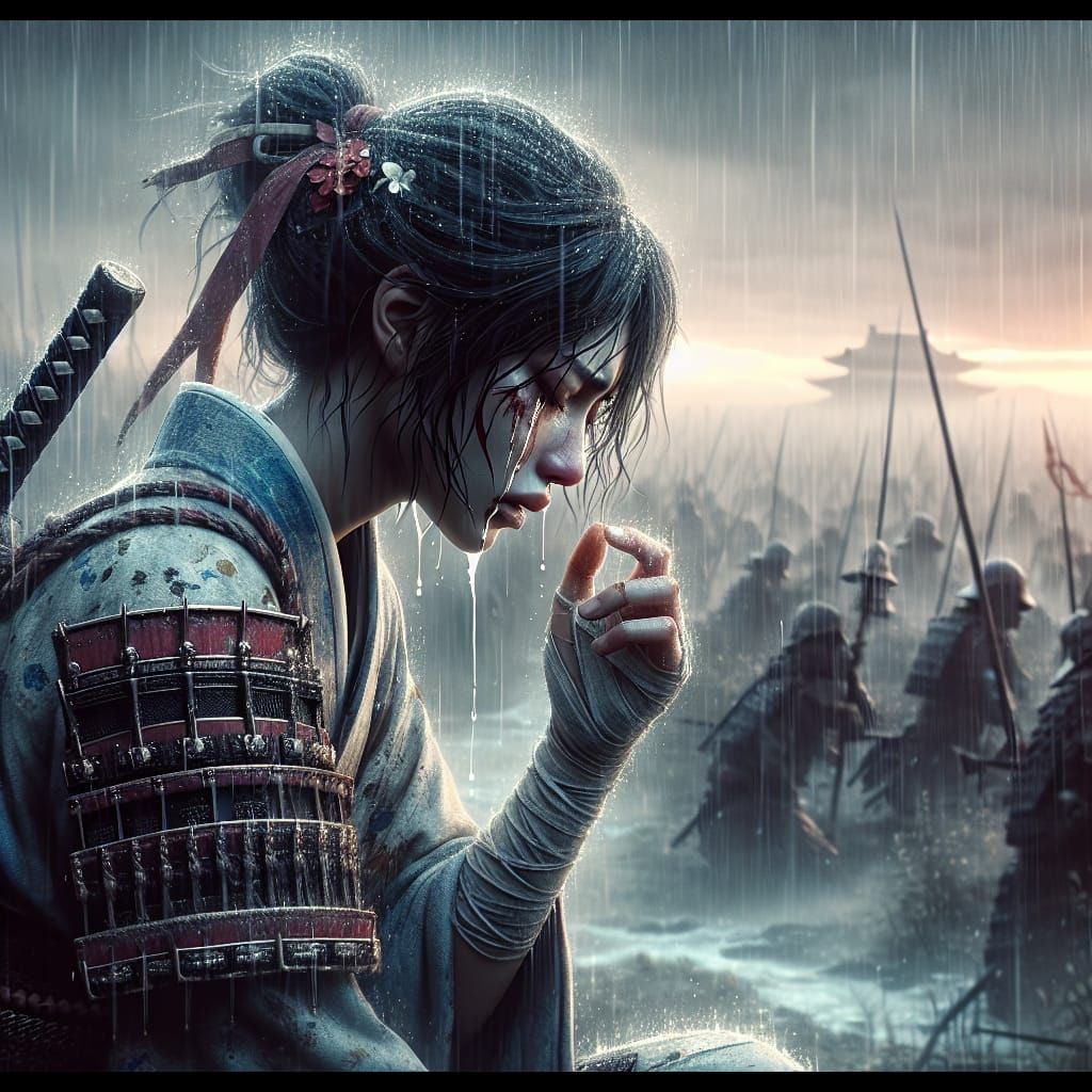 Distraught Samurai in Rainy Battlefield, Matte Painting