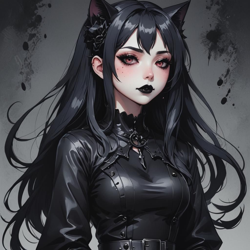 Goth Catgirl Anime Art in Studio Trigger Style