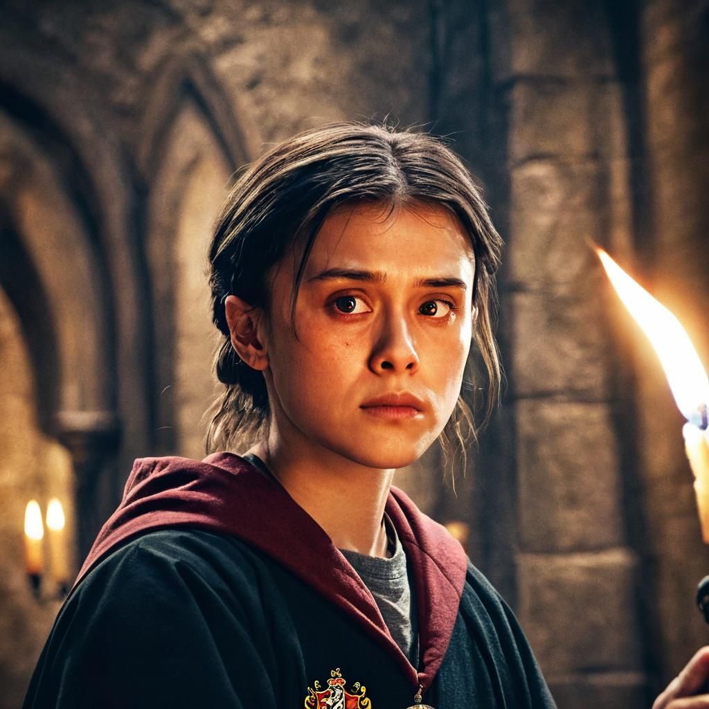 Magical Portrait Art: Wizard with Wand in Hogwarts