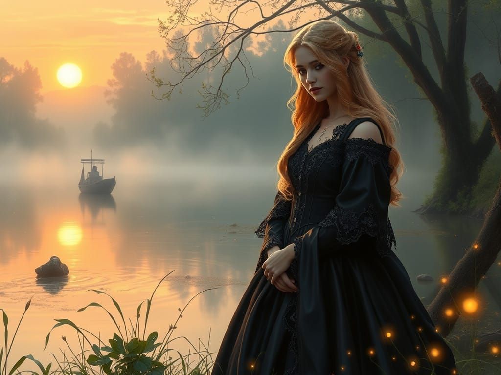 Serene Princess on Lake's Edge, Medieval Fantasy Art