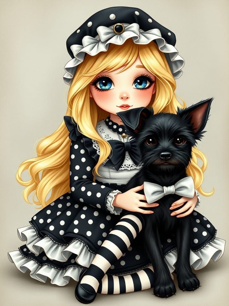 Cute Girl and Black Terrier in Whimsical Dress