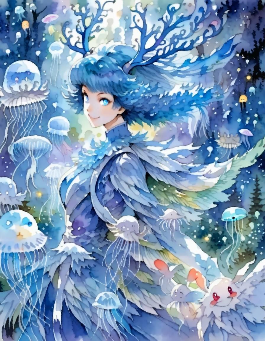 Monster Lady with Antlers in Watercolor Art