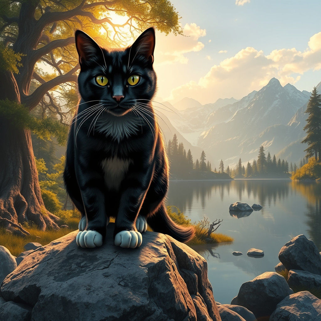 Regal Black Cat Surveys Serene Lake in Matte Painting