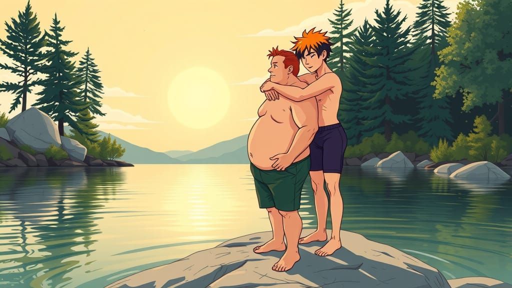 Men Embrace by Lake in Comic Book Style