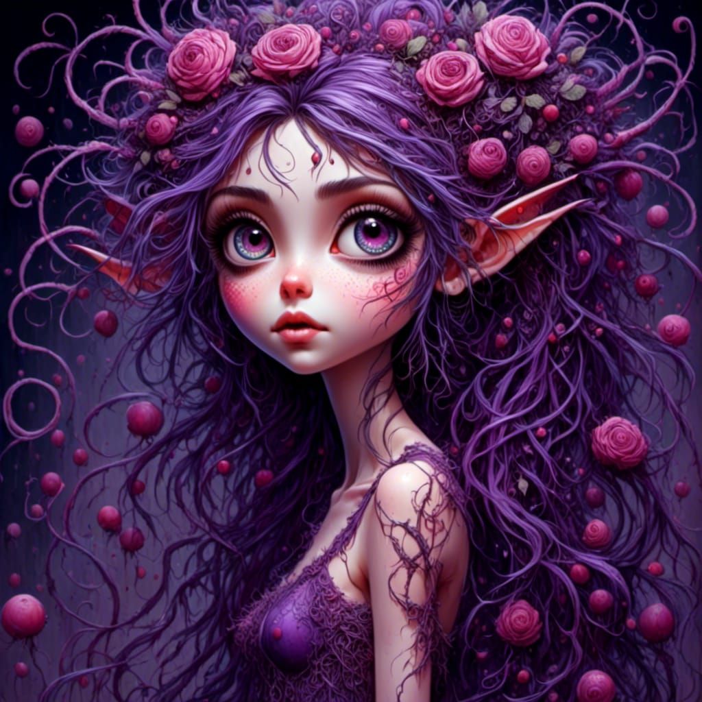Purple Rose Pixie Princess: Hand-Drawn Illustration