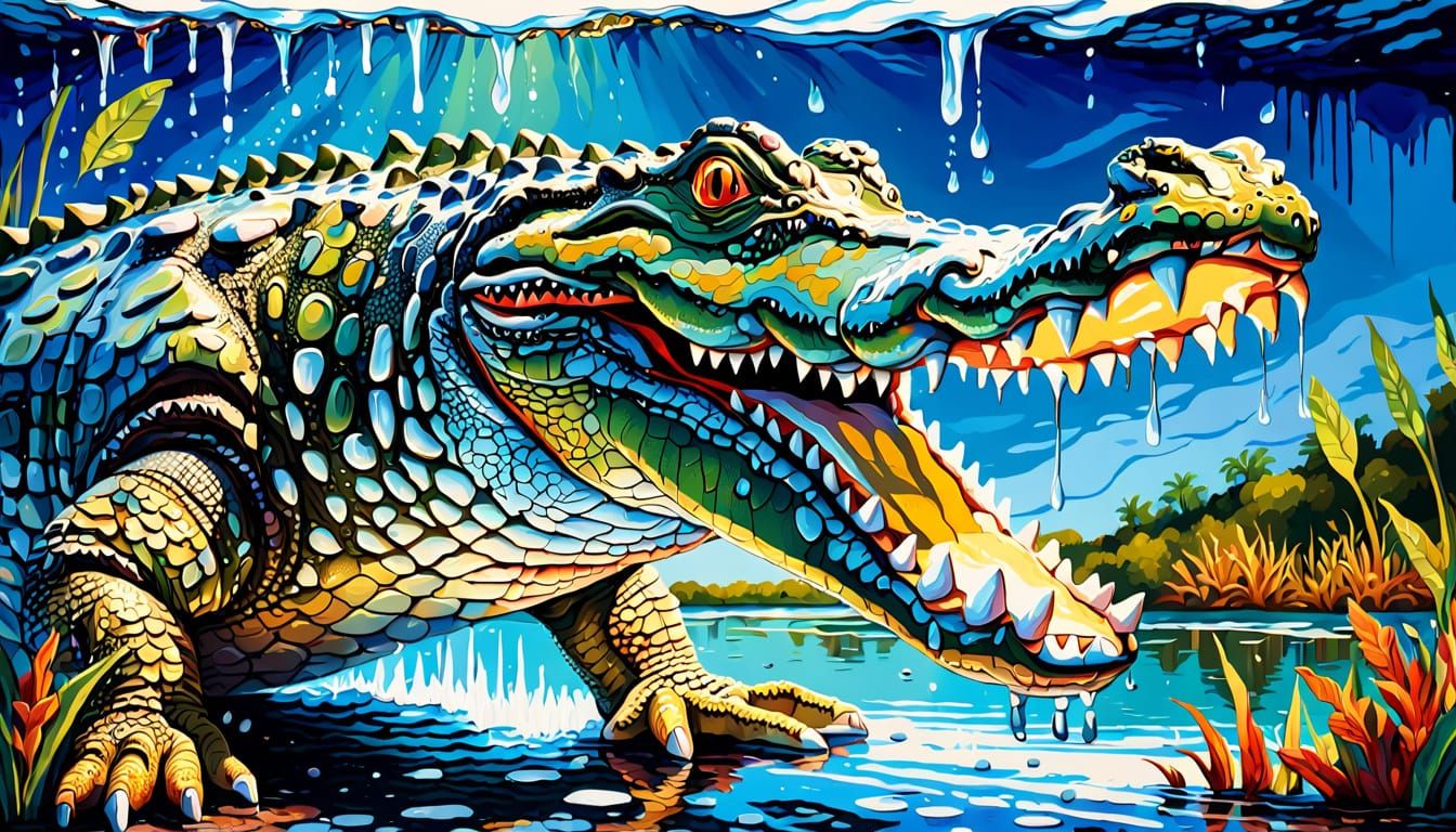 Alligator Emerging from Blue Lake in Acrylic Art