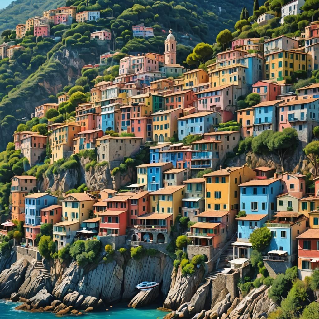 Italian Riviera Landscape in Chalk Art Style