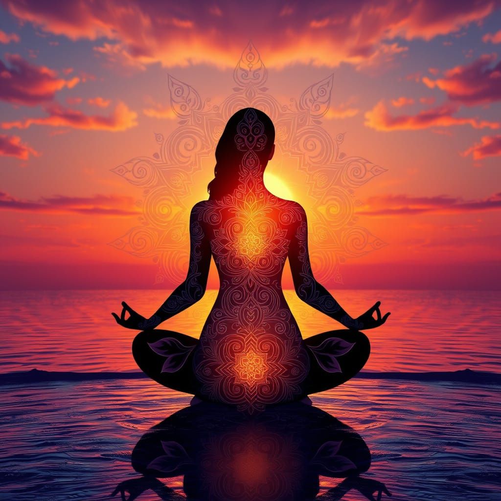 Meditating Girl Silhouetted by Sunset Fractals