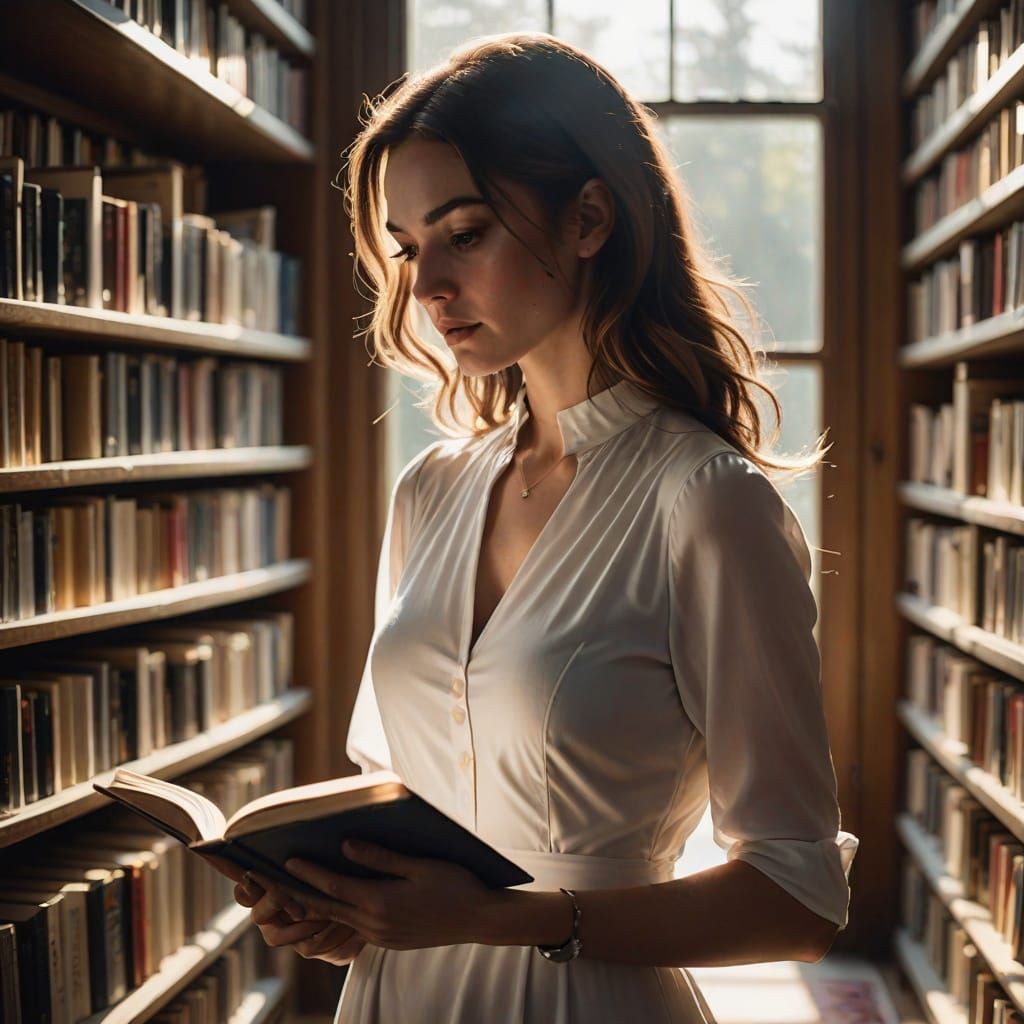 Businesswoman Reads Book in Modern Library