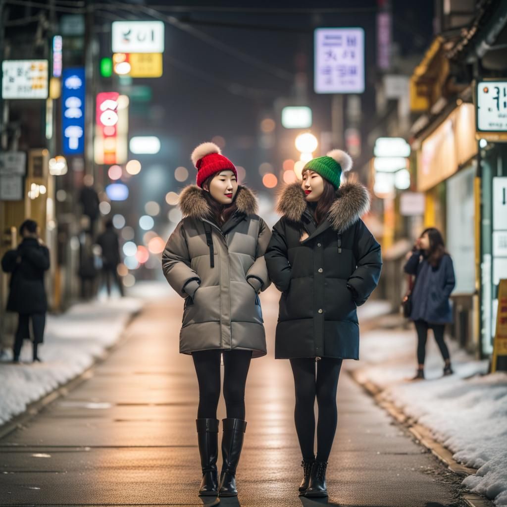 Korean Lesbian Couples in Seoul on Winter Night