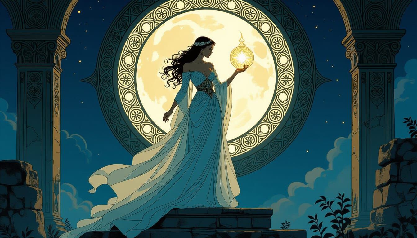 Ethereal Supermodel in Moonlight Gown on Ancient Ruins