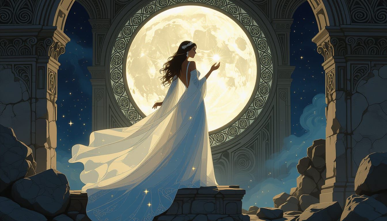 Ethereal Supermodel in Stardust Gown on Ancient Ruins