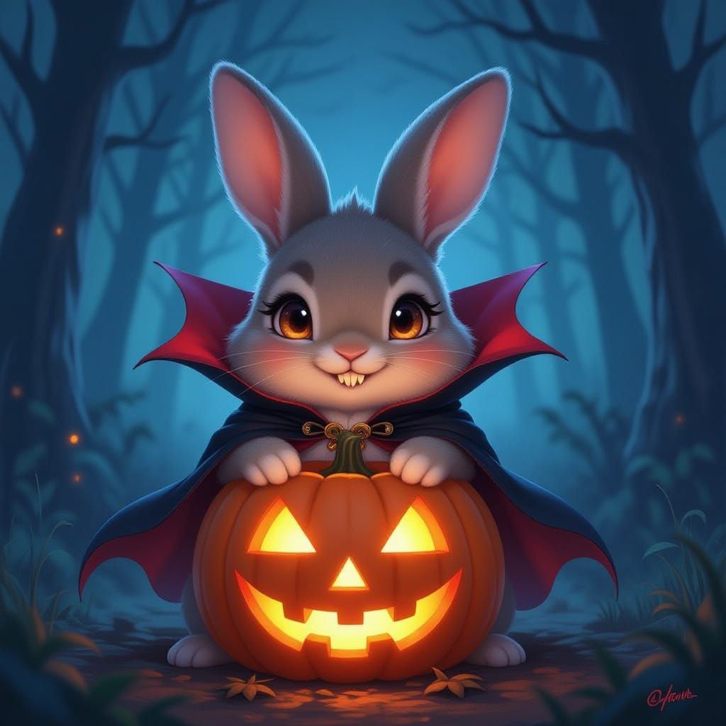 Cute Vampire Rabbit on Jack-o'-Lantern in Spooky Forest