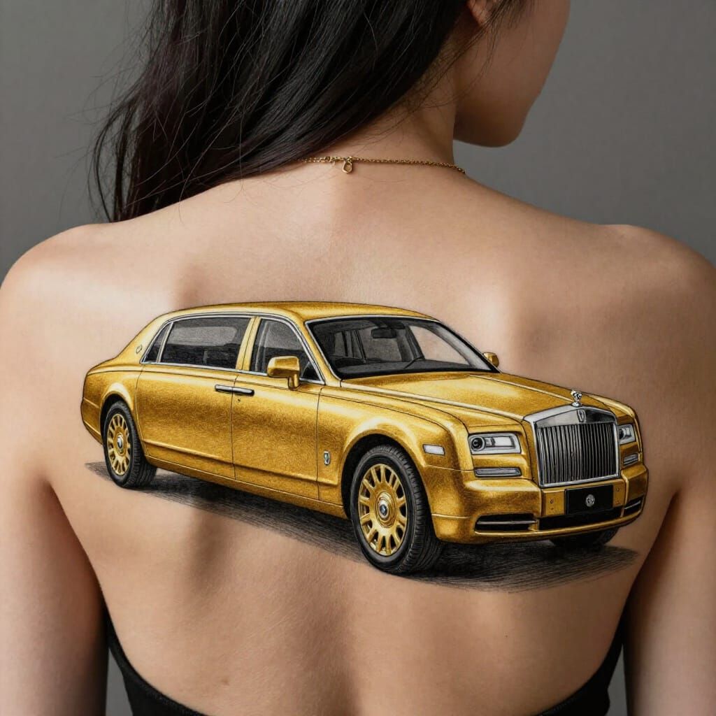 Ornate Golden Limousine Tattoo on Woman's Back