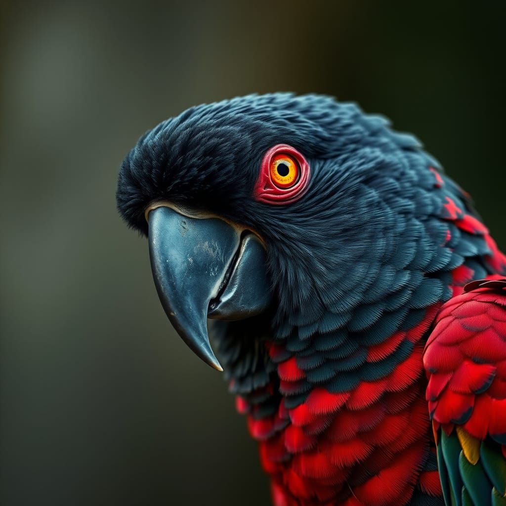 Vibrant Dark Parrot with Hypnotic Red Eyes