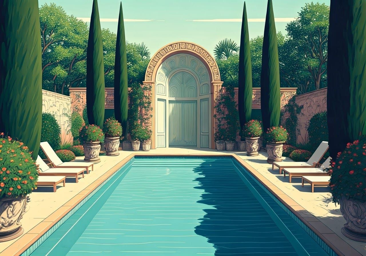 Wes Anderson-esque Swimming Pool in Golden Sunlight