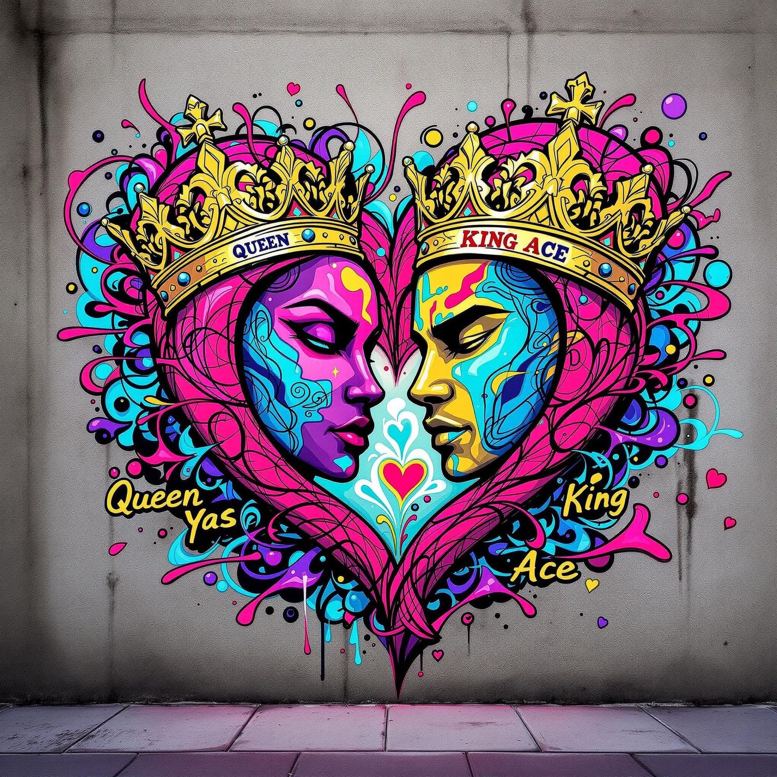 Love in Street Art: Vibrant Entwined Crowns in Graffiti Styl...
