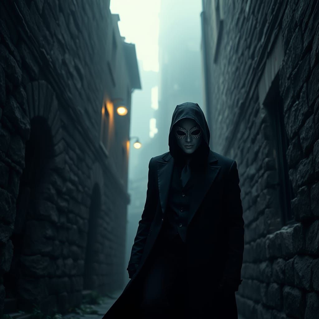 Masked Figure in Crumbling City Alleyway