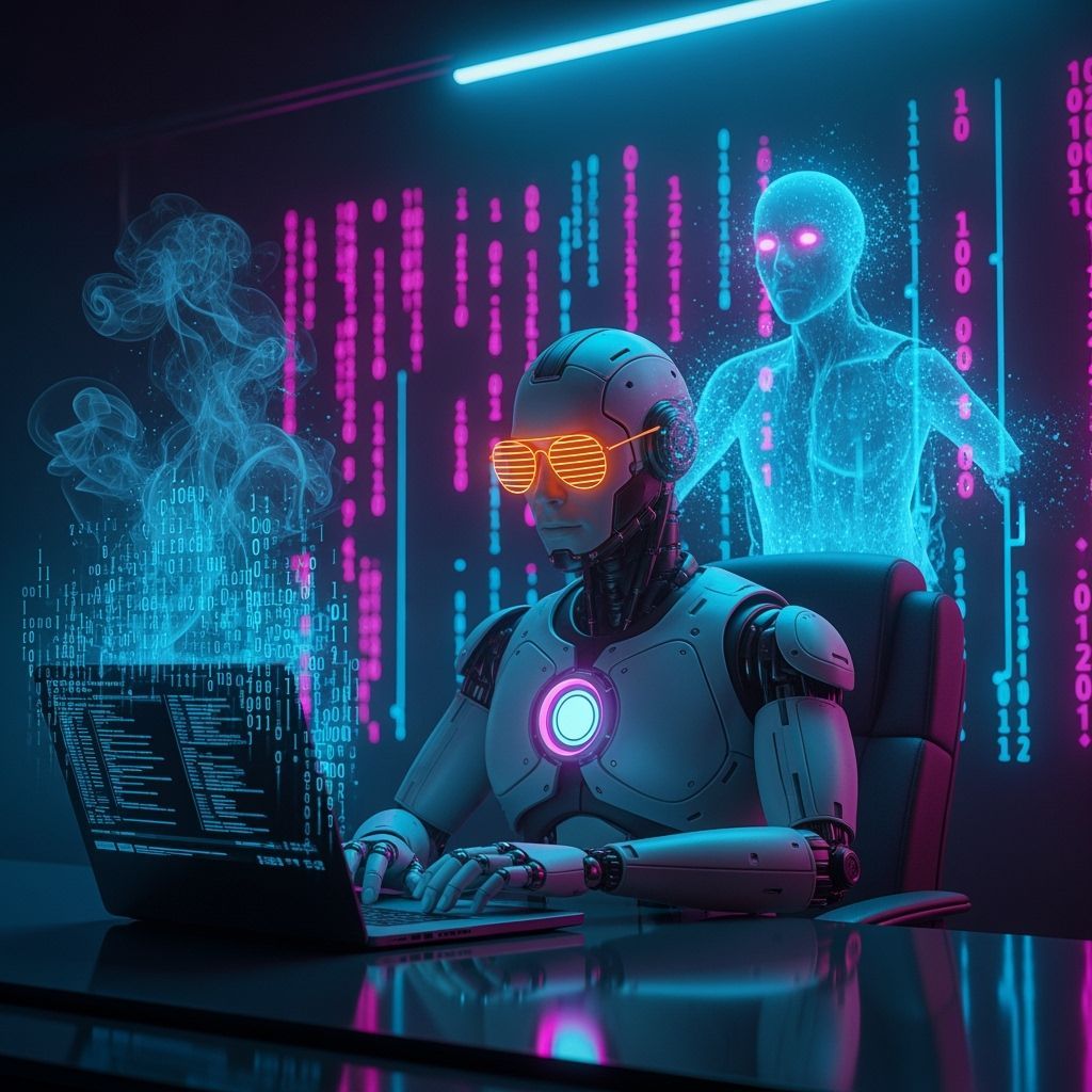 Cyberpunk Robot in a Neon Coding Lab