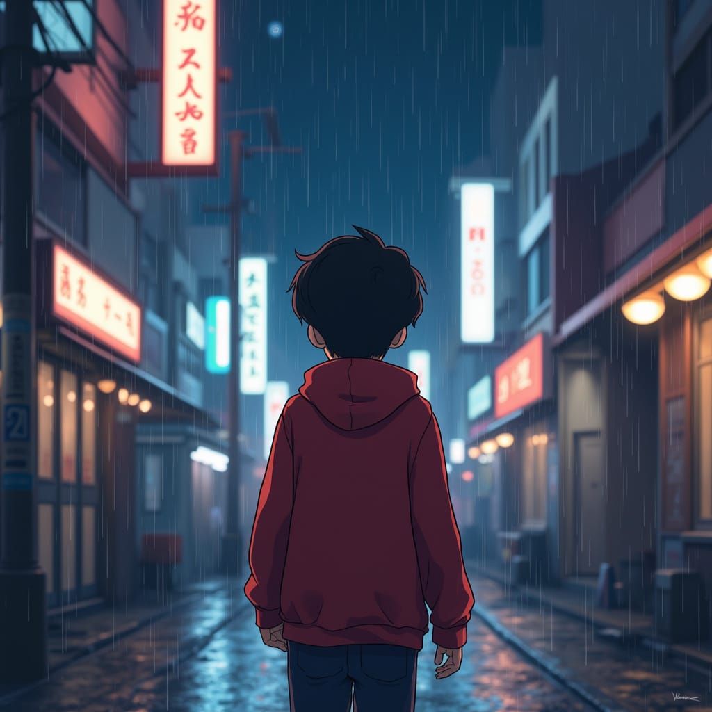 Lofi Tokyo Street Scene: Boy in Red Hoodie at Night