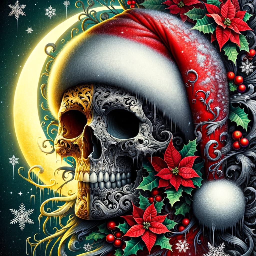 Surreal Winter Skull in Santa Hat with Holly and Snowflakes