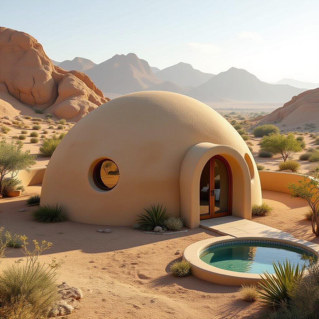 SuperAdobe Dome House in Desert Landscape