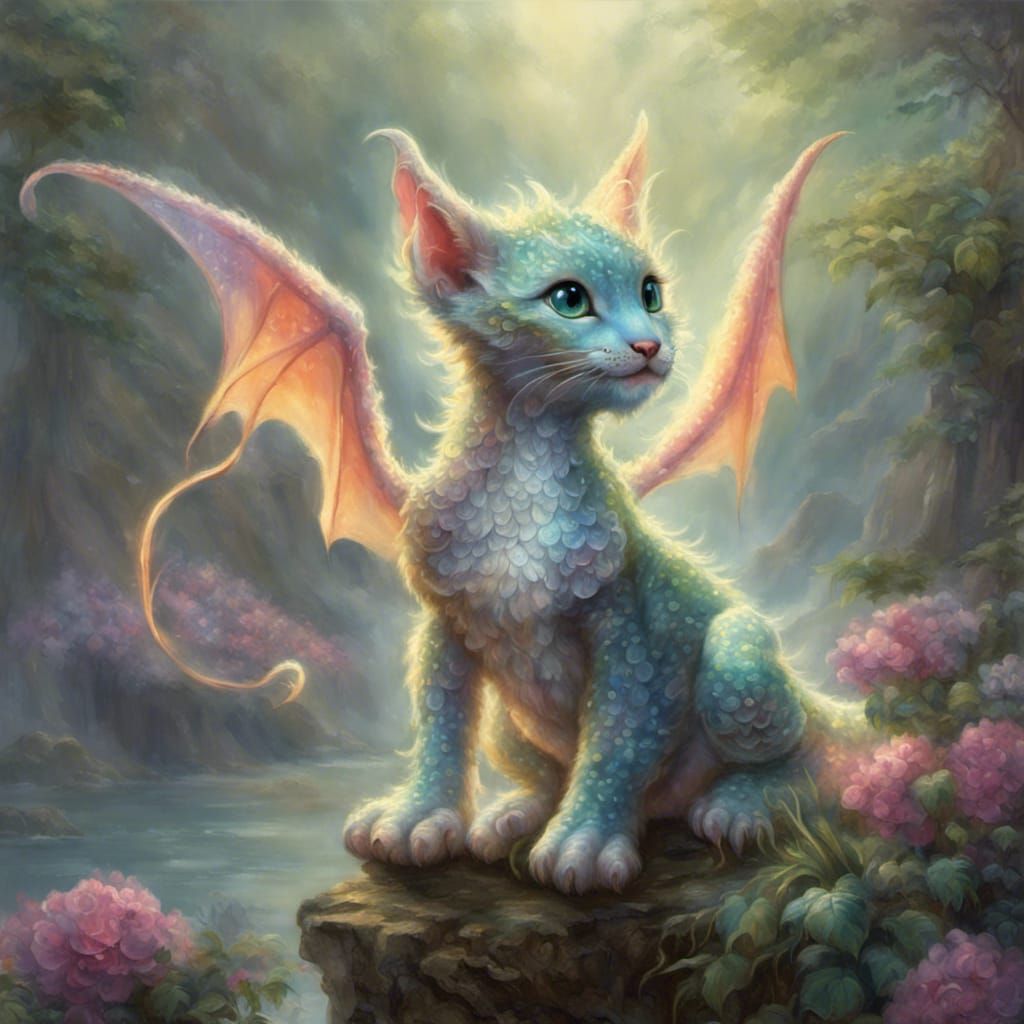 Cute Dragon Kitten in Ethereal Fantasy Style