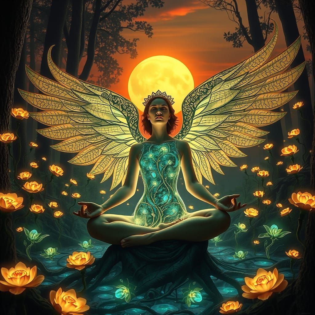 Surreal Goddess Emerges from the Shadows, Adorned in Golden ...