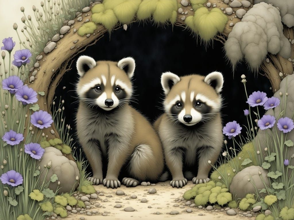 Cute Baby Raccoons Emerge at Twilight in a Whimsical World